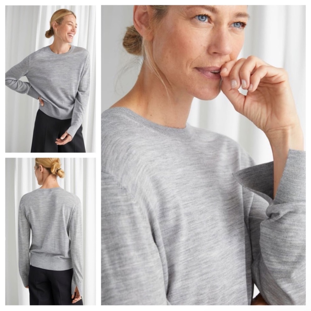 & Other Stories 100% Wool Slit Cuff Crewneck Sweater in Black
